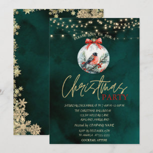 Red Cardinal Stars String Lights Green Christmas  Invitation