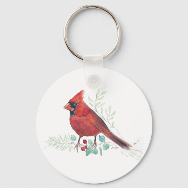 Red Cardinal Watercolor Art Keychain (Front)