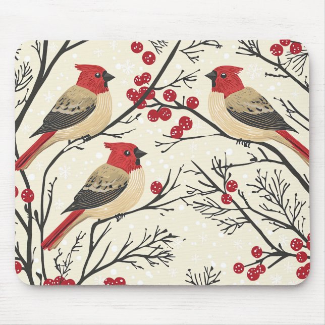 Red Cardinal Winter Berry Christmas Pattern Mouse Pad (Front)