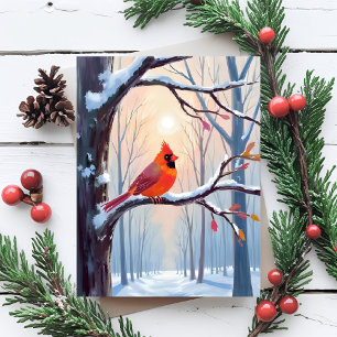 Red Cardinal Winter Forest Christmas Watercolor Holiday Postcard
