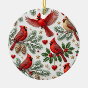 Red Cardinal Winter Pine Bird Ceramic Ornament