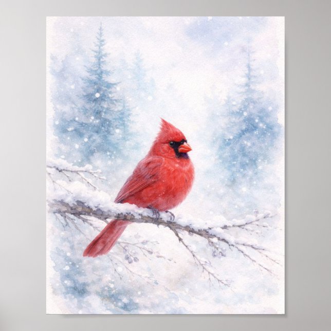 Red Cardinal Winter Watercolor Art Print  (Front)