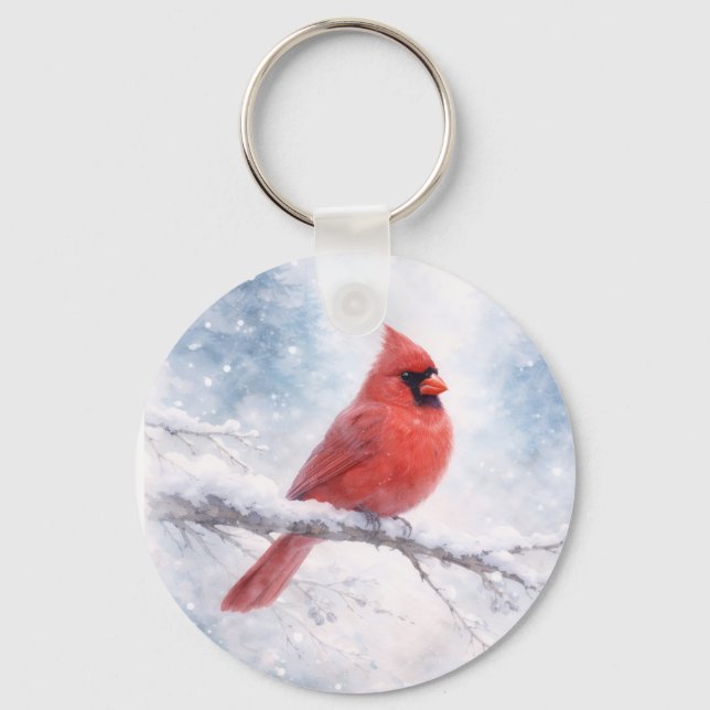 Red Cardinal Winter Watercolor Keychain (Front)