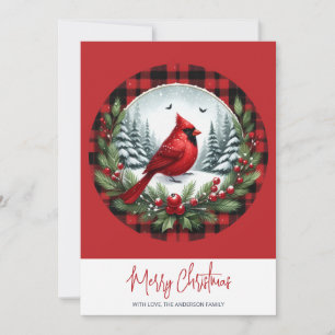 Red Cardinal with Holly Berries Holiday Card