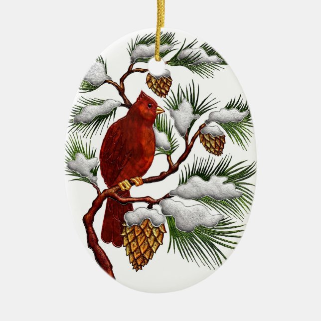 Red Cardinal with Pine Cones Christmas Ornament (Front)