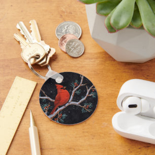 Red Cardinal with Winter Red Berries Keychain
