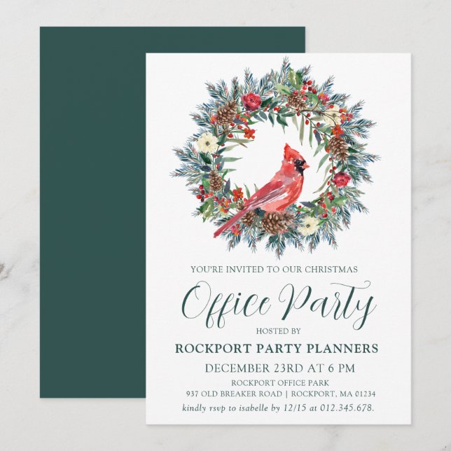 Red Cardinal Wreath Christmas Office Party Invitation (Front/Back)