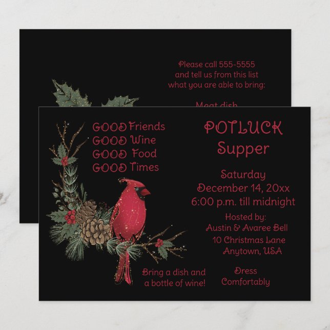 Red Cardinal Wreath Christmas Pot Luck Supper  Invitation (Front/Back)