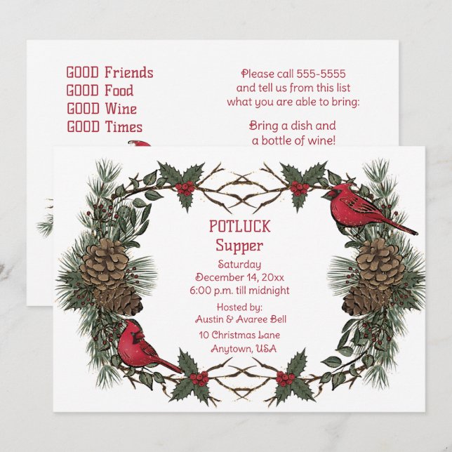 Red Cardinal Wreath Christmas Pot Luck Supper   Invitation (Front/Back)