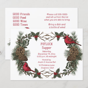 Red Cardinal Wreath Christmas Pot Luck Supper   Invitation