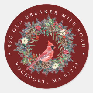 Red Cardinal Wreath Christmas Return Address Label