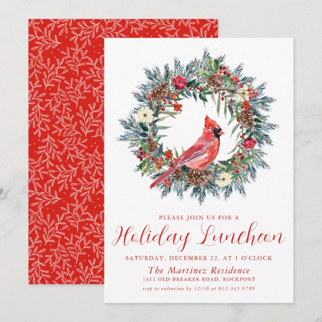 Red Cardinal Wreath Holiday Luncheon Invitation (Front/Back)