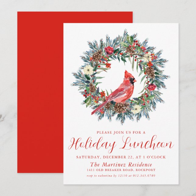 Red Cardinal Wreath Holiday Luncheon Invitation (Front/Back)