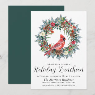 Red Cardinal Wreath Holiday Luncheon Invitation