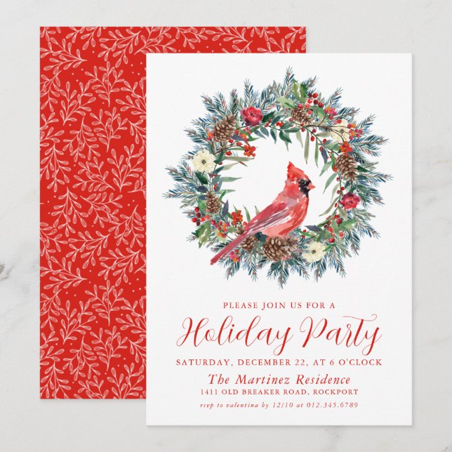 Red Cardinal Wreath Holiday Party Invitation (Front/Back)
