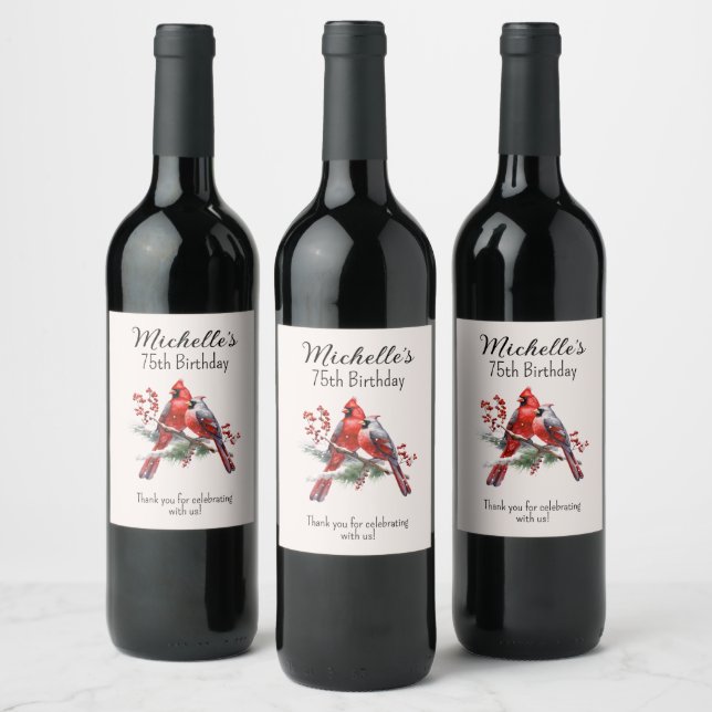 Red Cardinals 75th Birthday Thank You Wine Label (Bottles)