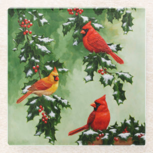 Red Cardinals and Holly Berries Glass Coaster