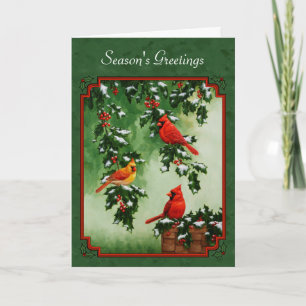Red Cardinals and Holly Green Holiday Card