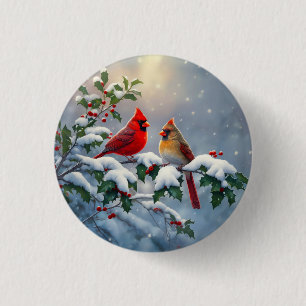 Red Cardinals and Holly in Snow 1 Inch Round Button