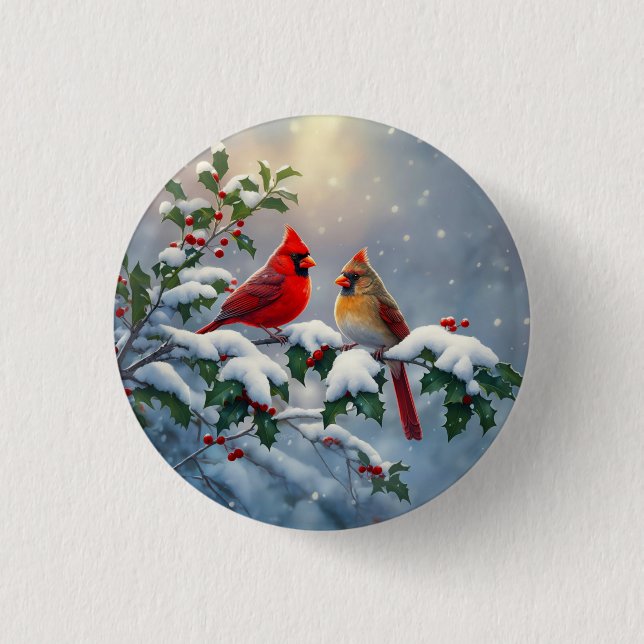 Red Cardinals and Holly in Snow 1 Inch Round Button (Front)