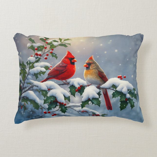 Red Cardinals and Holly in Snow Accent Pillow (Front)