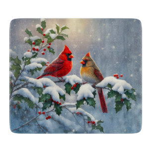 Red Cardinals and Holly in Snow Cutting Board