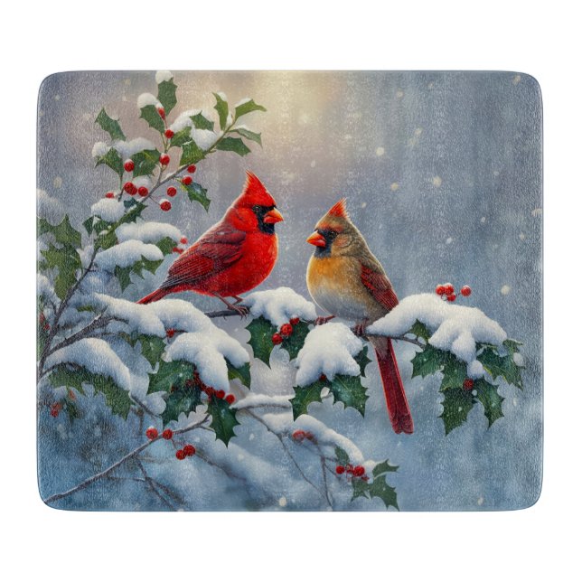 Red Cardinals and Holly in Snow Cutting Board (Front)