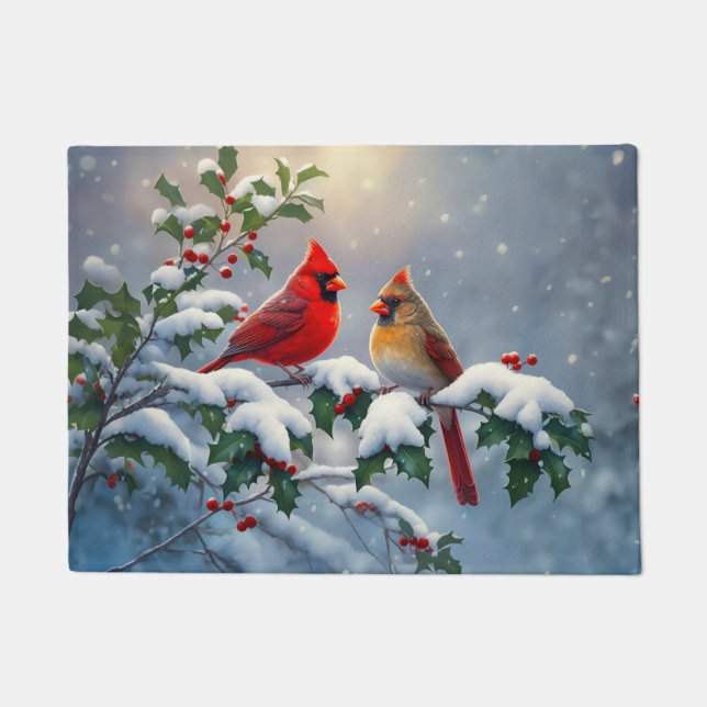 Red Cardinals and Holly in Snow Doormat (Front)