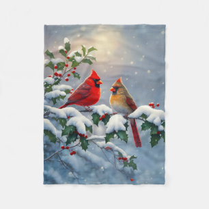 Red Cardinals and Holly in Snow Fleece Blanket