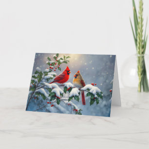 Red Cardinals and Holly in Snow Holiday Card