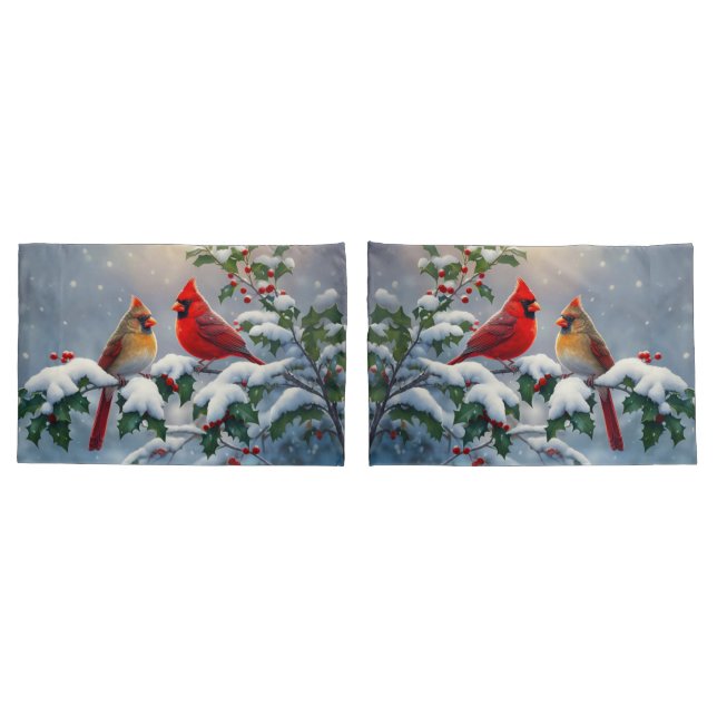 Red Cardinals and Holly in Snow Pillowcase (Back-Set)
