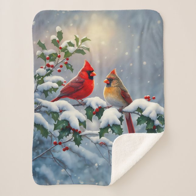 Red Cardinals and Holly in Snow Sherpa Blanket (Front)