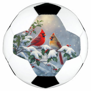 Red Cardinals and Holly in Snow Soccer Ball