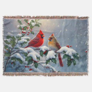 Red Cardinals and Holly in Snow Throw Blanket
