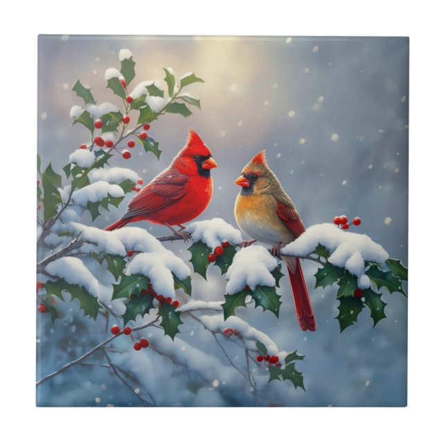 Red Cardinals and Holly in Snow Tile (Front)