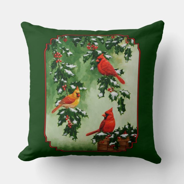 Red Cardinals and Holly Reversible Throw Pillow (Front)
