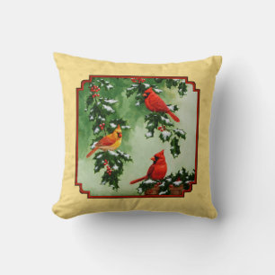 Red Cardinals and Holly Yellow Throw Pillow