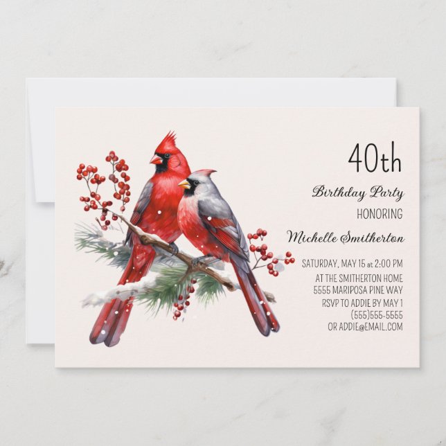 Red Cardinals Berries 40th Birthday Invitation (Front)