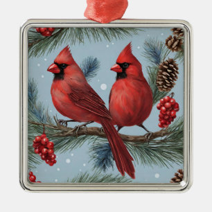 Red Cardinals, Berries, Pine Branches, Pinecones  Metal Ornament