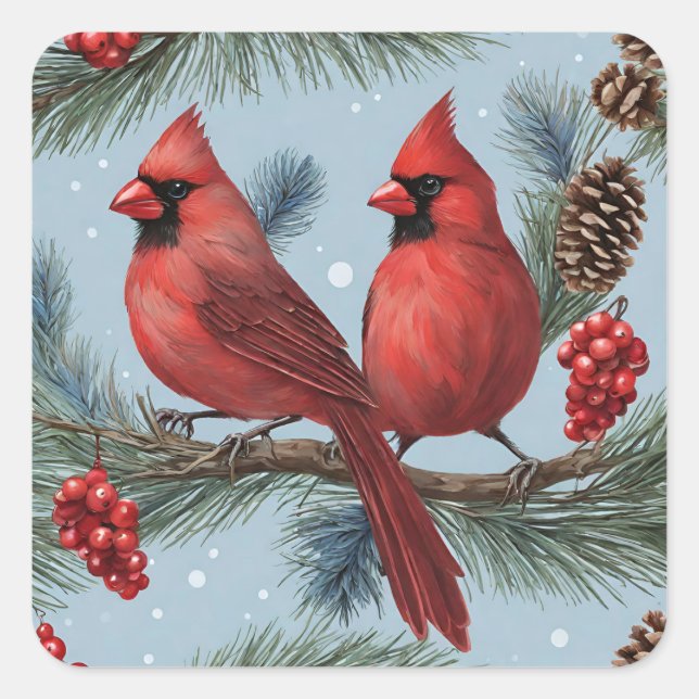 Red Cardinals, Berries, Pine Branches, Pinecones  Square Sticker (Front)
