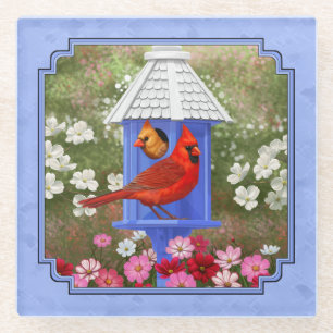 Red Cardinals Bird House Flower Garden Blue Glass Coaster