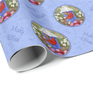 Red Cardinals Bird House Flower Garden Blue Wrapping Paper
