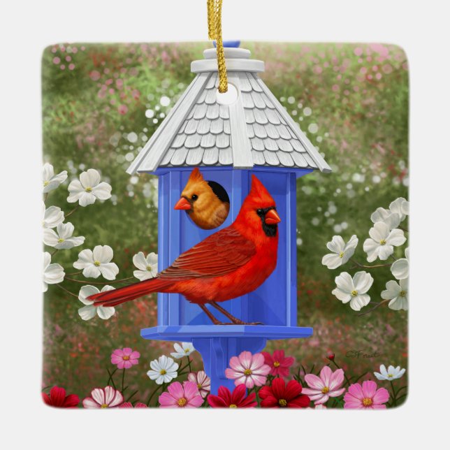 Red Cardinals Bird House Flower Garden Ceramic Ornament (Front)