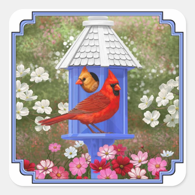 Red Cardinals Bird House Flower Garden Square Sticker (Front)