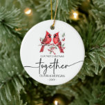 Red cardinals First Christmas together Names Ceramic Ornament<br><div class="desc">Elegant and modern ornament with cute red cardinals,  personalized with your names.</div>