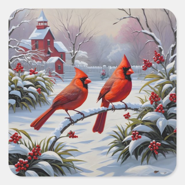 Red cardinals in winter  square sticker (Front)