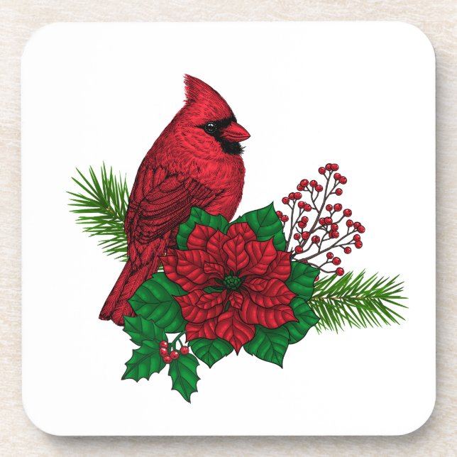 Red Cardinals on Christmas decoration Coaster (Front)