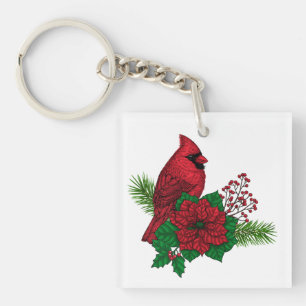 Red Cardinals on Christmas decoration Keychain