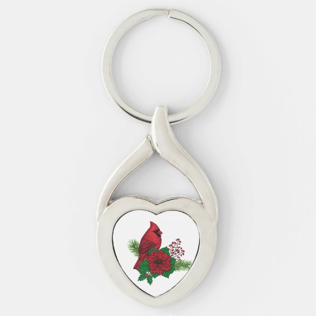 Red Cardinals on Christmas decoration Keychain (Front)