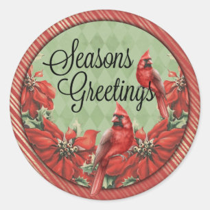 Red Cardinals Seasons Greetings Classic Round Sticker